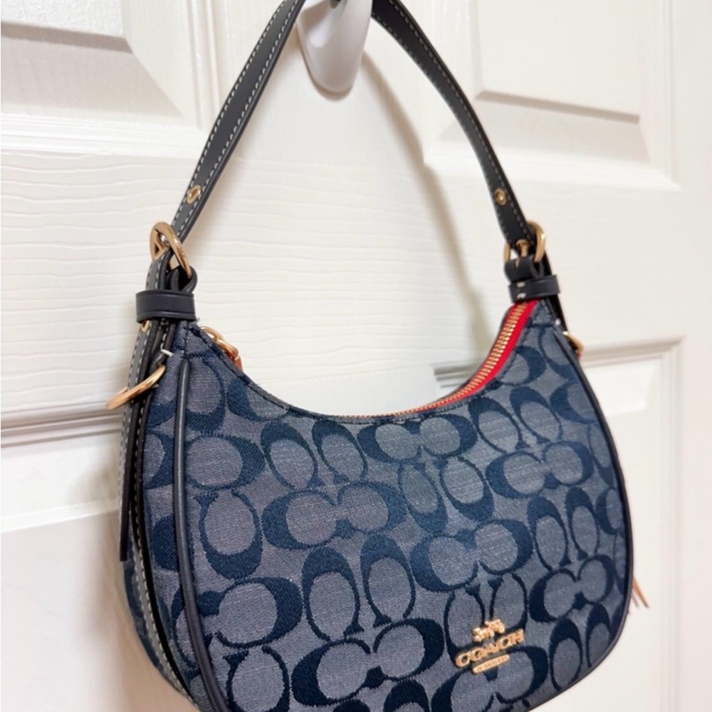 Coach Navy Signature Crescent Shoulder Bag with Red Zip Trim